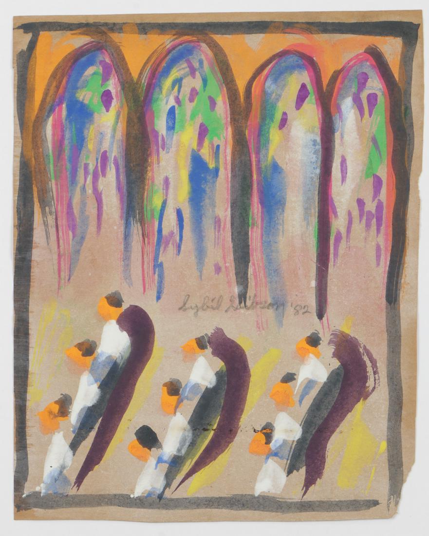 Sybil Gibson (1908-1995) "Cathedra", 16 1/4'' x 13'': Sybil Gibson (American, 1908-1995) "Cathedra" 1982, mixed media painting on paper, signed and dated. Verso titled. Unframed. Size: 16.25'' x 13" 41 x 33 cm.(sheet).