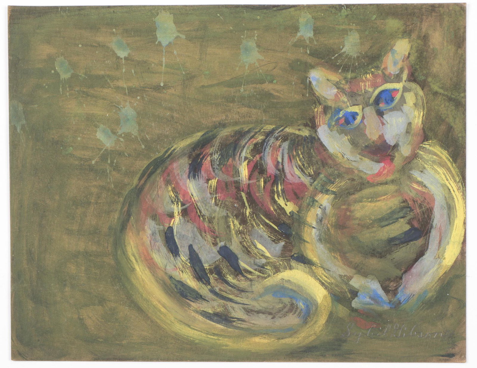 Sybil Gibson (1908-1995) "Cat with Blue Eyes", 16 x 19: Sybil Gibson (American, 1908-1995) "Cat with Blue Eyes," mixed media painting on paper, signed. Unframed. Size: 16'' x 20'', 41 x 51 cm. (sheet).