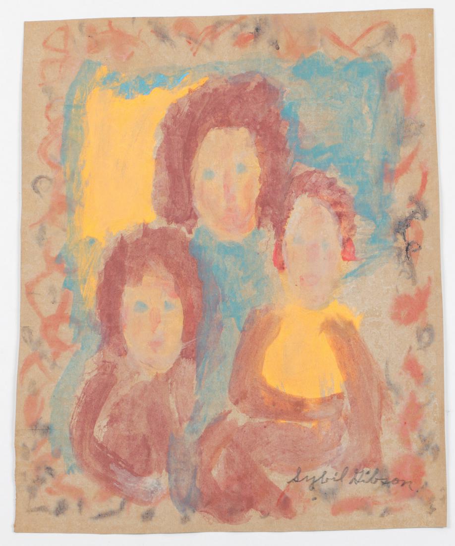 Sybil Gibson (1908-1995) "Three Figures", 20'' x 16'': Sybil Gibson (American, 1908-1995) "Three Figures," mixed media painting on paper, signed. Unframed. Size: 20' x 16", 51 x 41 cm. (sheet).