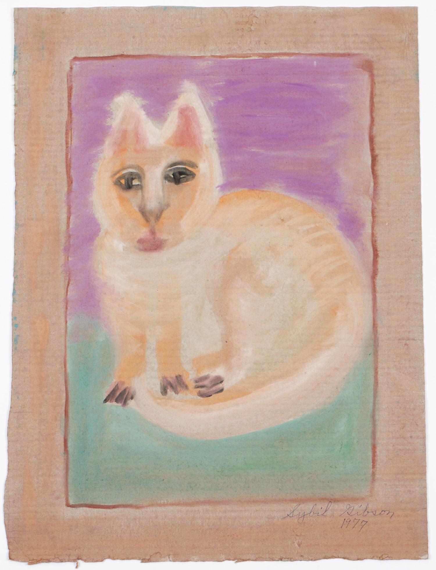 Sybil Gibson (1908-1995) "White Cat", 24" x 18": Sybil Gibson (American, 1908-1995) "White Cat," 1977, mixed media painting on paper, signed and dated. Unframed. Size: 24" x 18", 61 x 46 cm. (sheet).