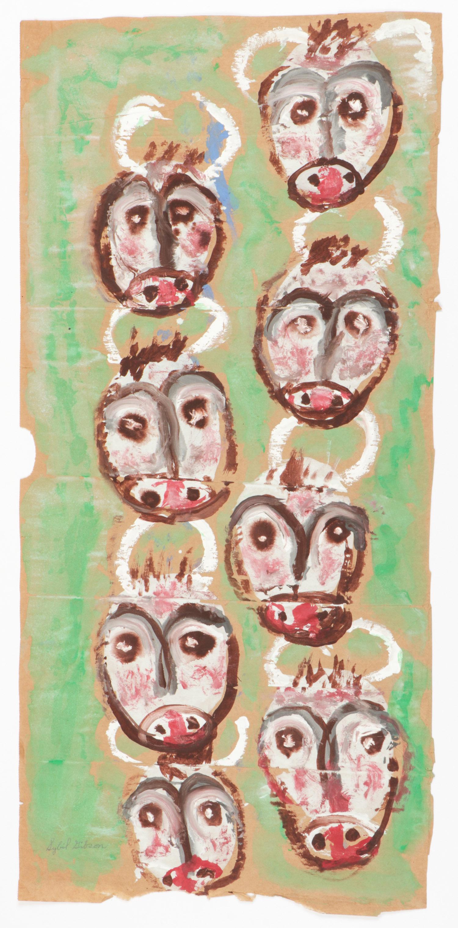 Sybil Gibson (1908-1995) "Eight Horned Faces," 36'' x: Sybil Gibson (American, 1908-1995) "Eight Horned Faces," mixed media painting on paper, signed. Unframed. Size: 36" x 17", 91 x 43 cm. (sheet).