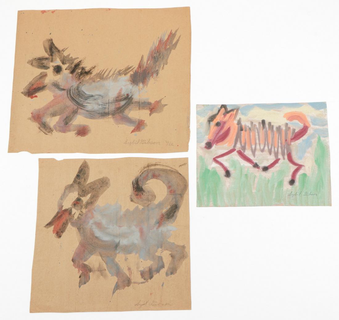 Sybil Gibson (American, 1908-1995) "Group of Three: Sybil Gibson (American, 1908-1995) "Group of Three Paintings of Dogs" mixed media paintings on paper, signed. Unframed. Sizes range from 11"-17" x 14"-20", 28-43 cm x 36-51 cm. (sheet).