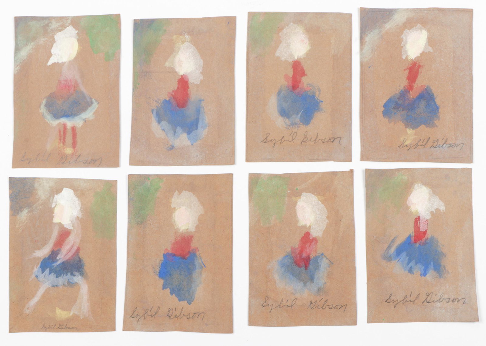 Sybil Gibson (American, 1908-1995) Group of Eight: Sybil Gibson (American, 1908-1995) Group of Eight Works" mixed media paintings on paper, signed. Unframed. Size: 8.5" x 6", 22 x 15 cm. (sheet).