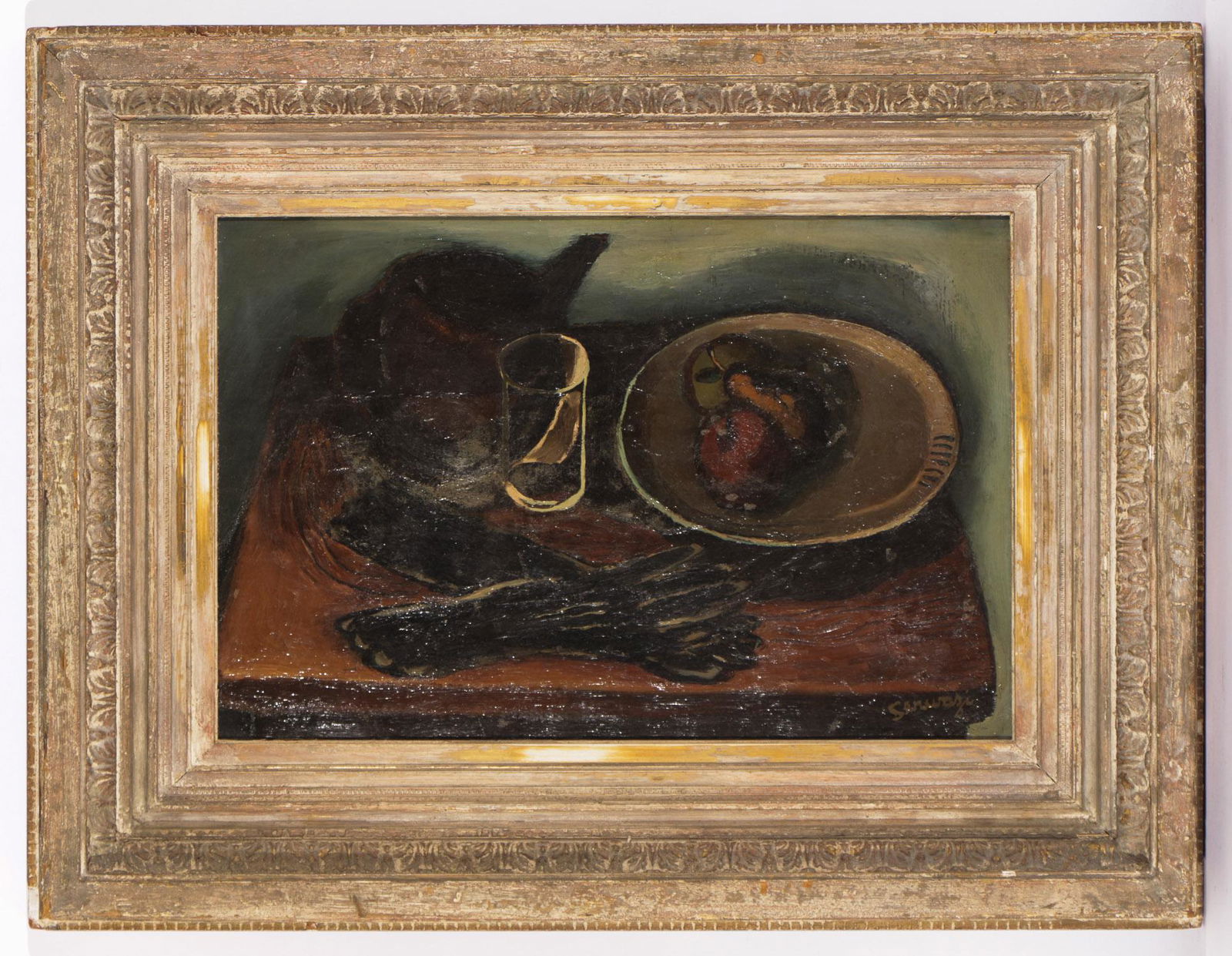 Albert Serwazi (American, 1905-1992) "Gloves": Albert B. Serwazi (American/Pennsylvania, 1905-1992) "Gloves," oil on canvas, signed. Exhibited at the Pennsylvania Academy of Fine Arts, 1936. Framed. Size: 16'' x 24'', 41 x 61 cm (stretcher); 27''