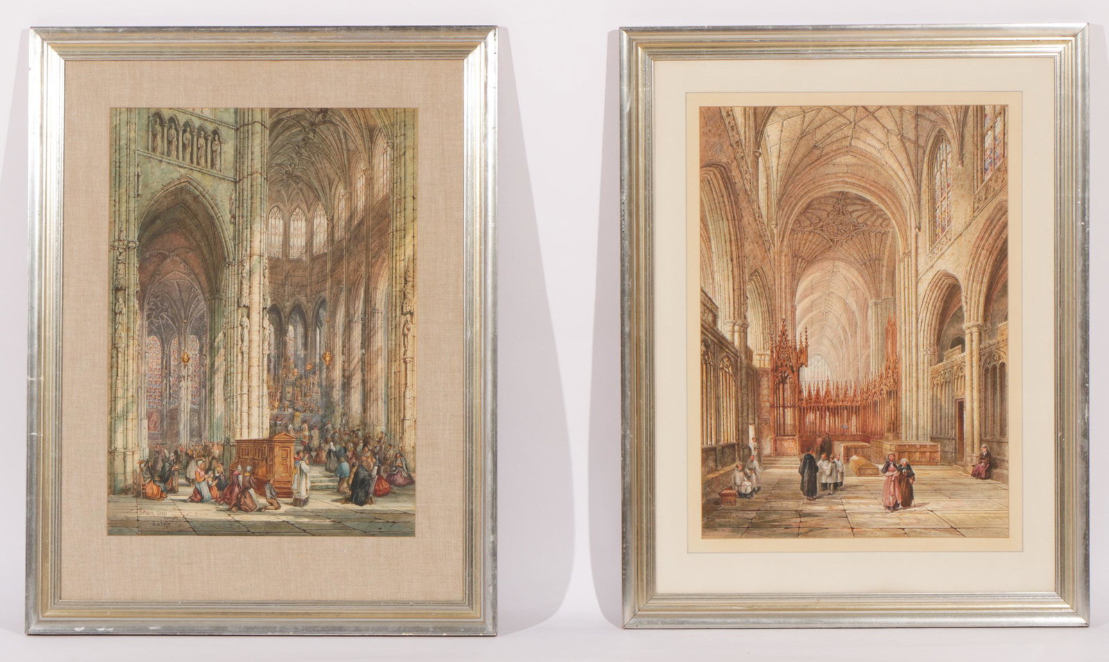 Henry Thomas Schafer (1854-1915) Two Paintings: Henry Thomas Schafer (British, 1854-1915) Two Watercolors Paintings. (1) "The Choir, Winchester Cathedral" and (2) "St. Pierre, Caen, Normandy," watercolor on paper. Framed. Sizes: 1) 25'' x 18'', 64