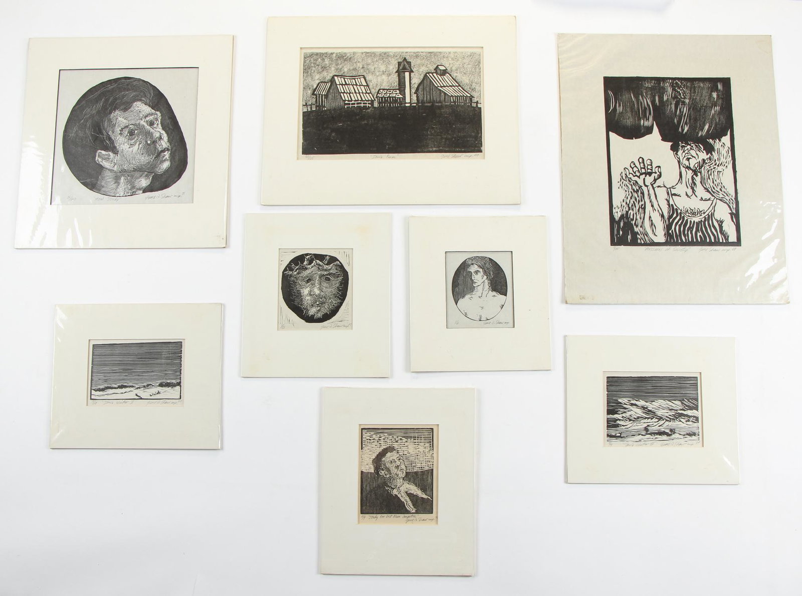 Gene Shaw (American, 20th Century) 8 Woodcuts: Gene Shaw (American, 20th Century) Eight Signed Woodcut Prints. (1) "Head Study," 1971, 2/20; (2) Iowa Farm." 1968, 2/25; (3) "Pressures of Society," 1969, 5/15; (4) Iowa Winter #2, 1970, 4/4; (5) 'St