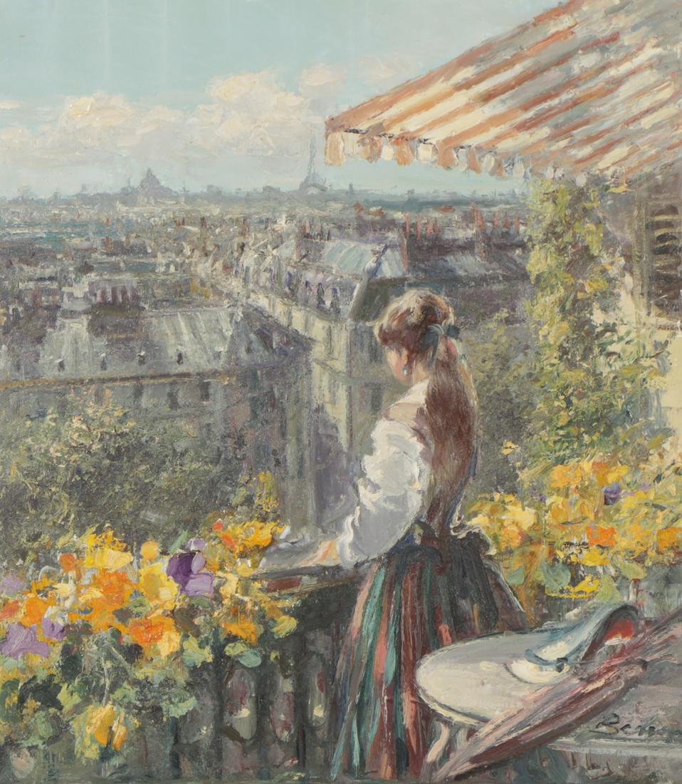 Hans Joseph Wilhelm Becker "Balcony View in Paris": Hans Joseph Wilhelm Becker (German, b.1930)."Balcony View in Paris," oil painting on canvas. Signed. Framed. Size: 31'' x 27'', 79 x 69 cm (stretcher); 39.5'' x 35.5'', 100 x 90 cm (frame).