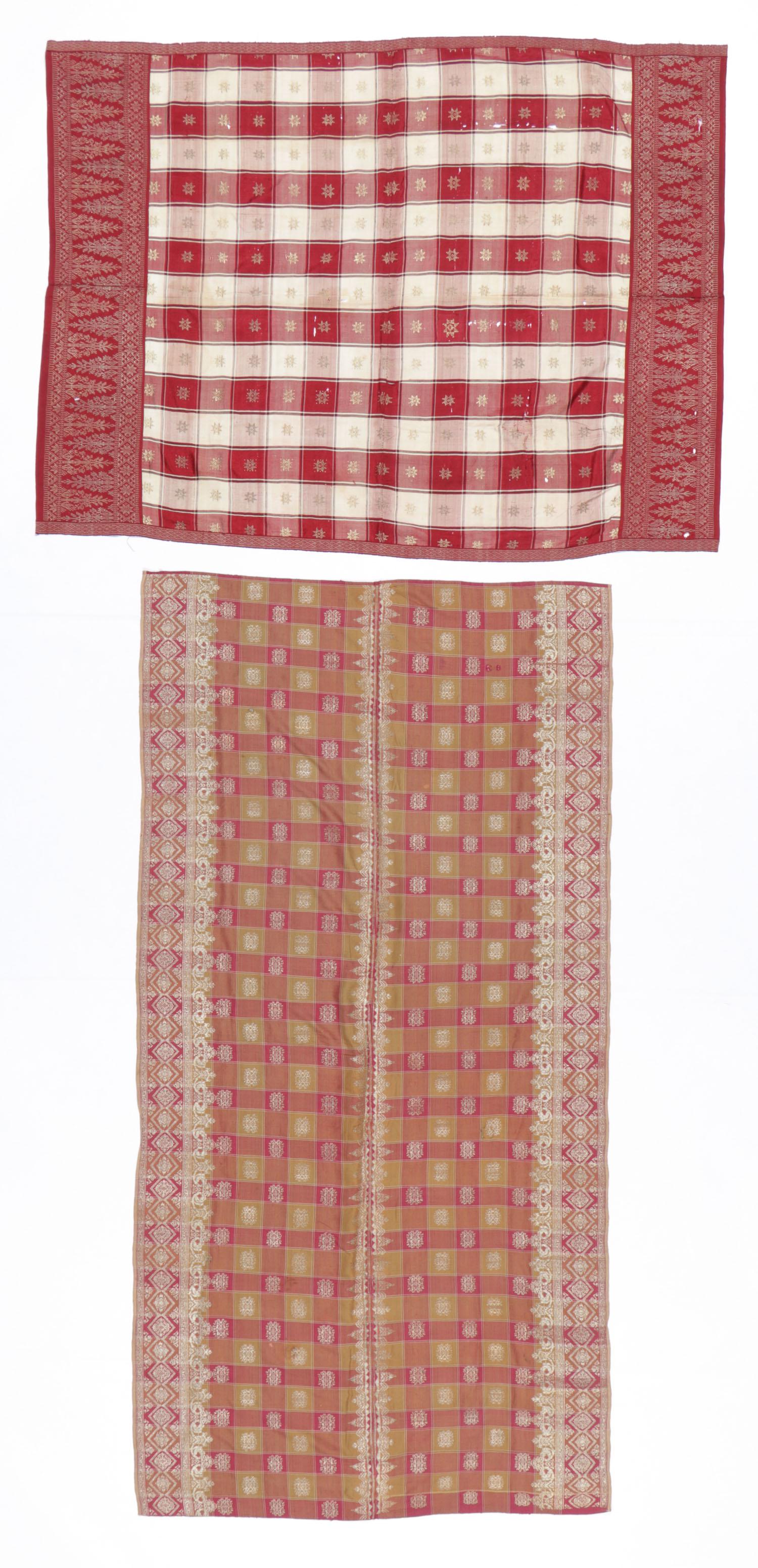 2 Balinese Songket Textiles: 2 Men's hip cloths, saput, one cotton songket and one silk with supplementary metal-wrapped thread songket, Bali. Size 1: 41" x 56". Size 2: 75" x 38".
