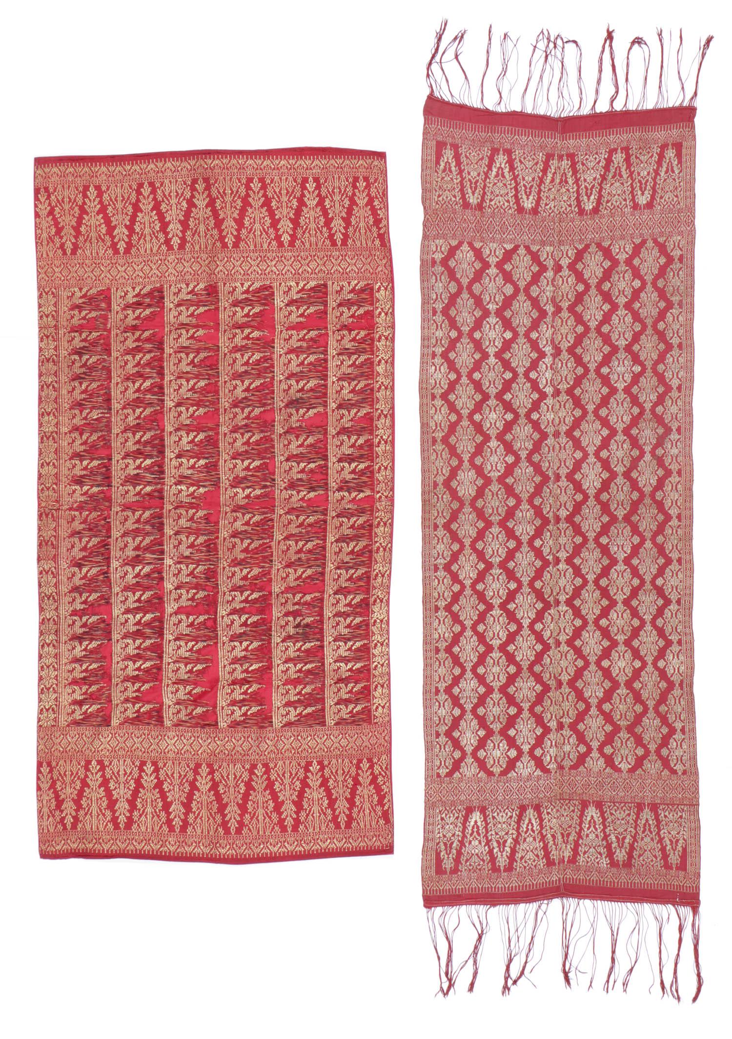 2 Balinese Songket Textiles, Early 20th C.: 2 Balinese Songket textiles: one saput, hipcloth, ikatted silk with metal-wrapped thread songket; and one songket from Singaraja, early 20th c., Indonesia. Size 1: 51" x 26". Size 2: 57" x 20".