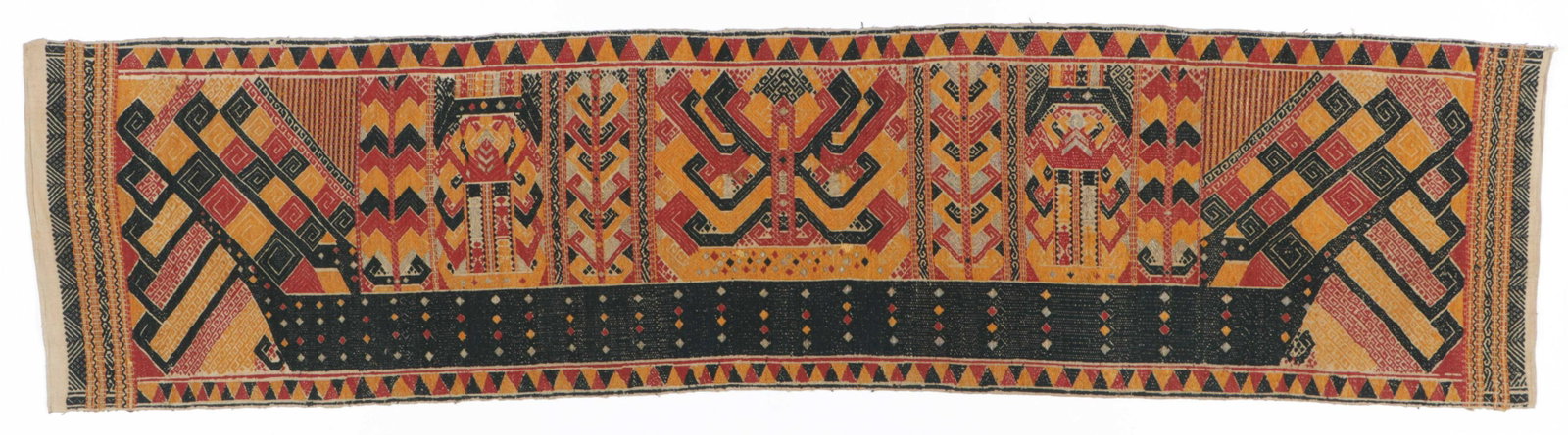 Fine Antique Palepai Ceremonial Shipcloth: Fine palepai ceremonial shipcloth hanging supplementary weft on handspun cotton, natural dyes, over 100 years old, some minor repairs, Kayu Agung, Lampung, Sumatra, Indonesia. Size: 96'' x 23'' (244 x
