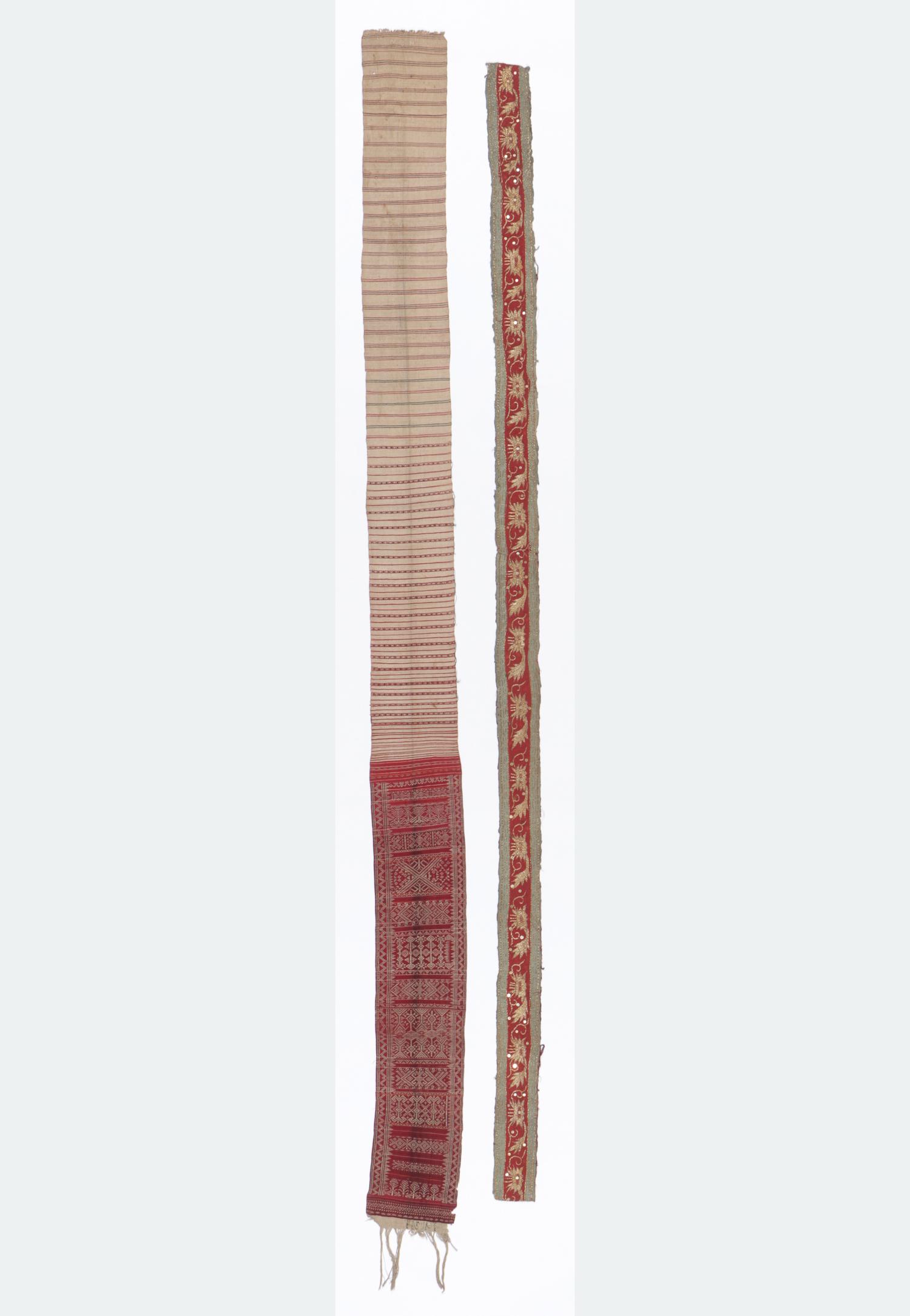 2 Ceremonial Belts, Sumatra: Two Men's ceremonial belts, one "ikek pinggang", silk, cotton, gold-wrapped thread, Muaro Labuah, Minangkabau people, Sumatra; and belt with couched metal-wrapped thread, Lampung, Sumatra. Size: 102''