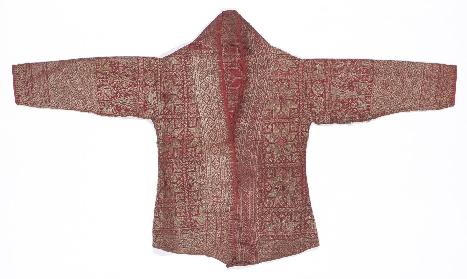 Antique Silk with Metallic Thread Jacket: Jacket, "bajuh", couched metallic thread on silk, late 19th/early 20th century, Palembang, Sumatra. Size: 30'' x 52'' (76 x 132 cm).