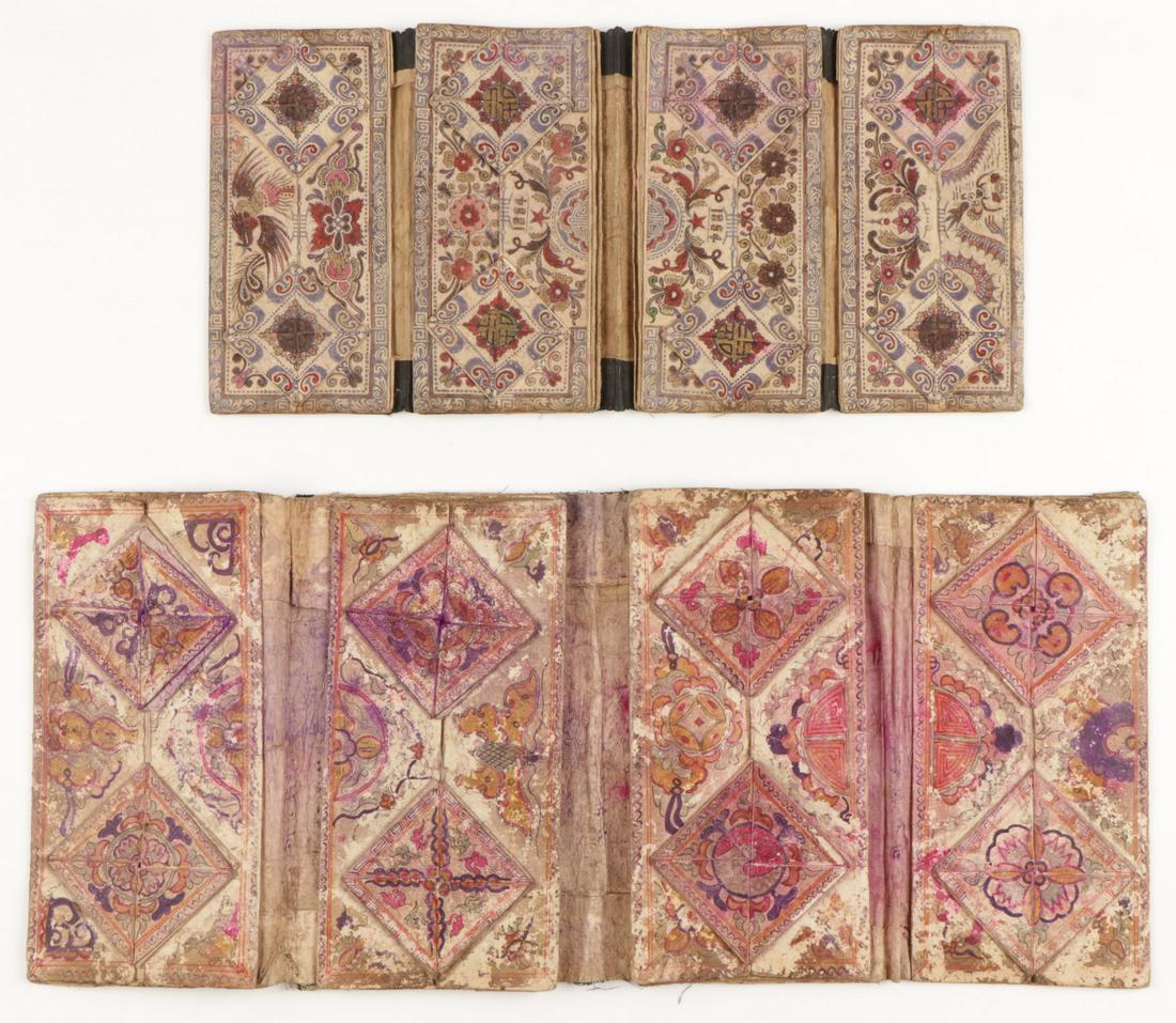 2 Miao People Embroidery Needle Cases: 2 finely painted woman's embroidery needle cases with examples of embroidery patterns, one dated 1954, Miao people, Guizhou, China. Size Open: 9.5'' x 19.5'' (24 x 50 cm), 11.5'' x 26'' (29 x 66 cm).