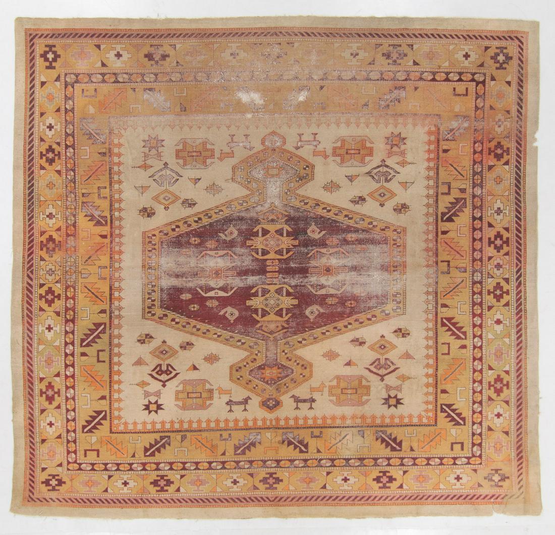 Antique Agra Rug, India: 11'10'' x 11'3'': Antique Agra Rug, India: 11'10'' x 11'3'' (361 x 343 cm). 57 lbs. Please note: No Reserve on this lot or any other lot in this auction. All acceptable bidding commences at the Online Start Price.
