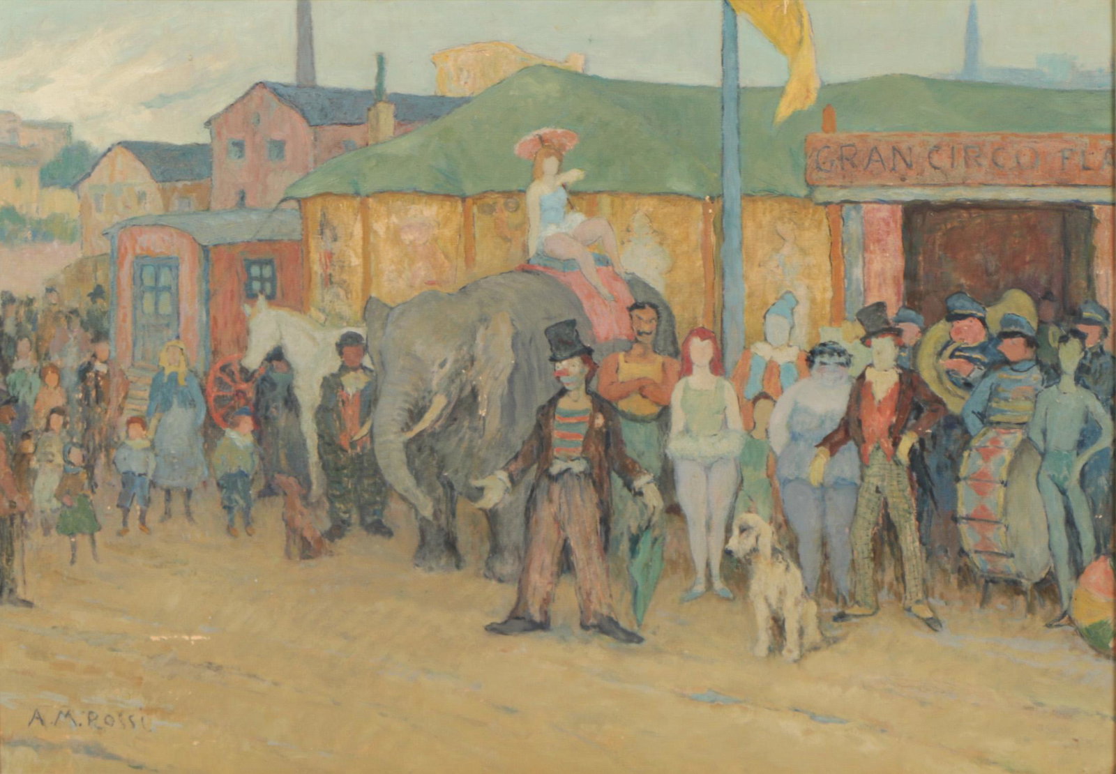 Alberto Maria Rossi (Argentine, 1879-1965) Oil Painting: Alberto Maria Rossi (Argentine, 1879-1965) "Circo," (Circus), oil painting on canvas on board, signed. Framed. Size: 19'' x 27'', 48 x 69 cm (board); 27'' x 35.5'', 69 x 90 cm (frame). Estate of Ilda 