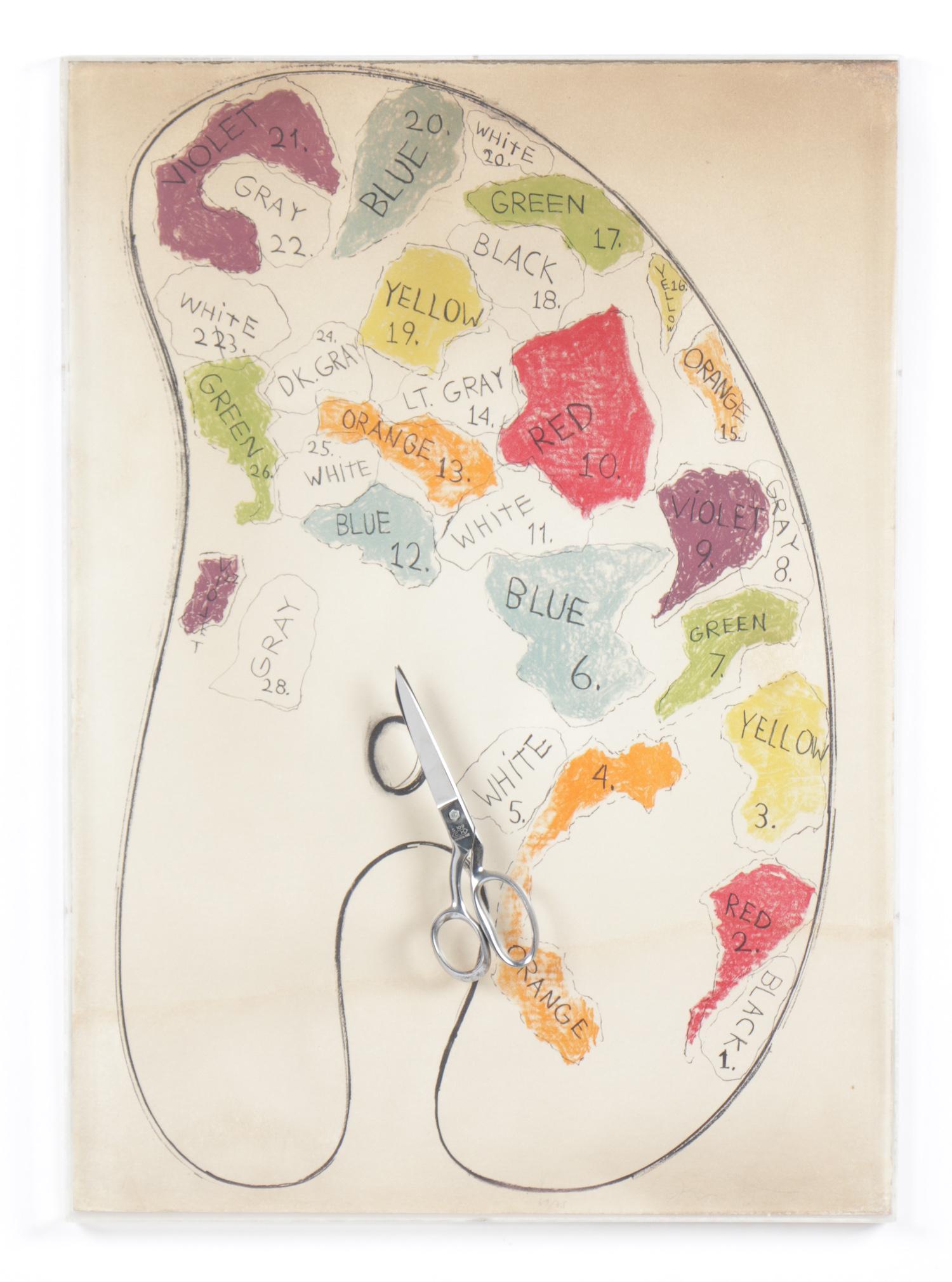 Jim Dine (American, b. 1935) "Pallete #3": Jim Dine (American, b. 1935) "Pallete #3" from "Four Palletes", 1969, lithograph in colors, with collage of scissors, signed and numbered, from an edition of 75. Publisher: Petersburg Press, New York