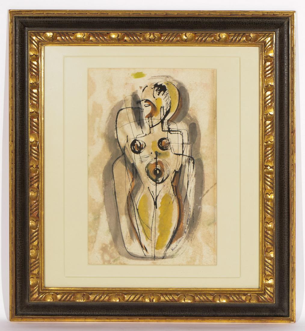 Konrad Cramer (1888-1963) "Abstract Female Nude": Konrad Cramer (American/German, 1888-1963) "Abstract Female Nude," 1953, mixed media on paper, signed and dated. Framed, matted and glazed. Size: 19'' x 12'', 47 x 30 cm (sight); 30'' x 27.5'', 76 x 7