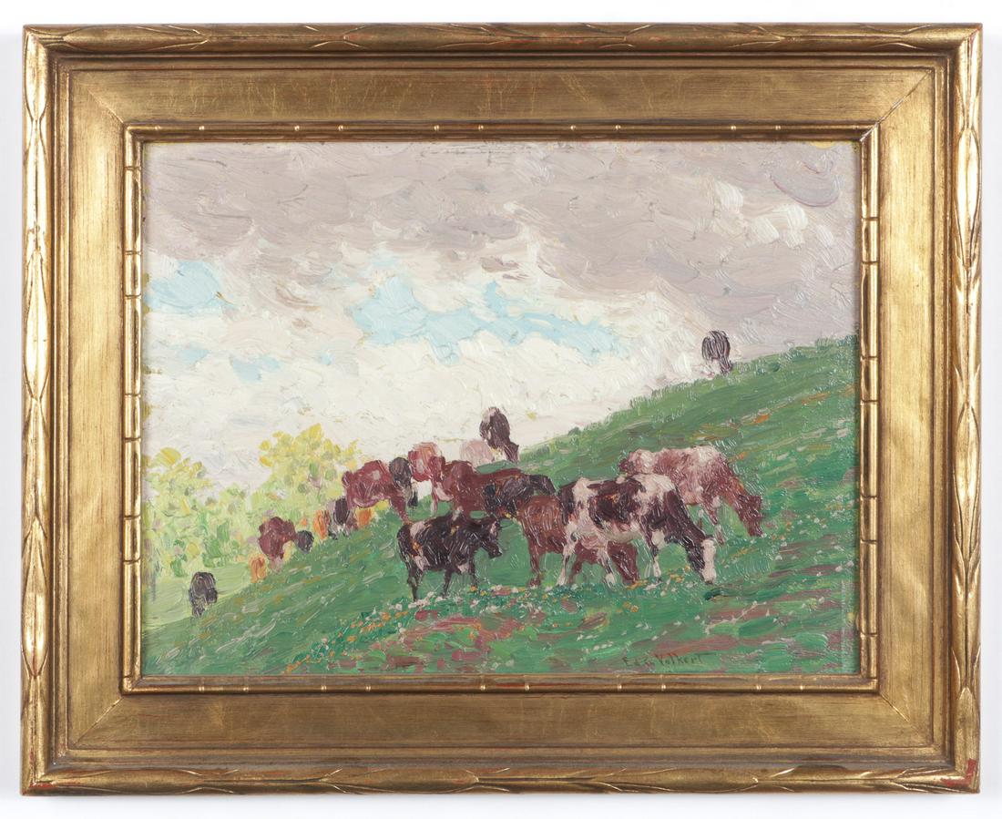 Edward Charles Volkert (American, 1871-1935) "After the: Edward Charles Volkert (American, 1871-1935) "After the Storm," oil painting on board, signed, titled on Mary Ran Gallery, Cincinnati, Ohio label verso. Framed. Size: 9'' x 12'', 23 x 30 cm (board); 1