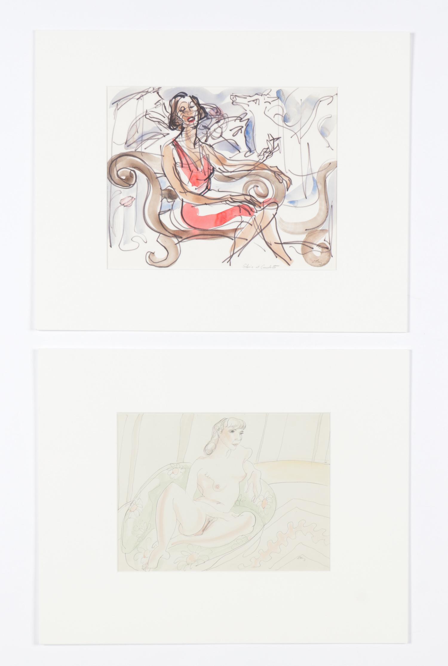 Emlen Etting (1905-1993) 2 Figurative Mixed Media Works: Emlen Pope Etting (American, 1905-1993) 2 Figurative Mixed Media Works on Paper, signed. Matted. Sizes: 1) 10'' x 13'', 25 x 33 cm (sheet); 16'' x 20'', 41 x 51 cm (mat); 2) 9'' x 12'', 23 x 30 cm (sh