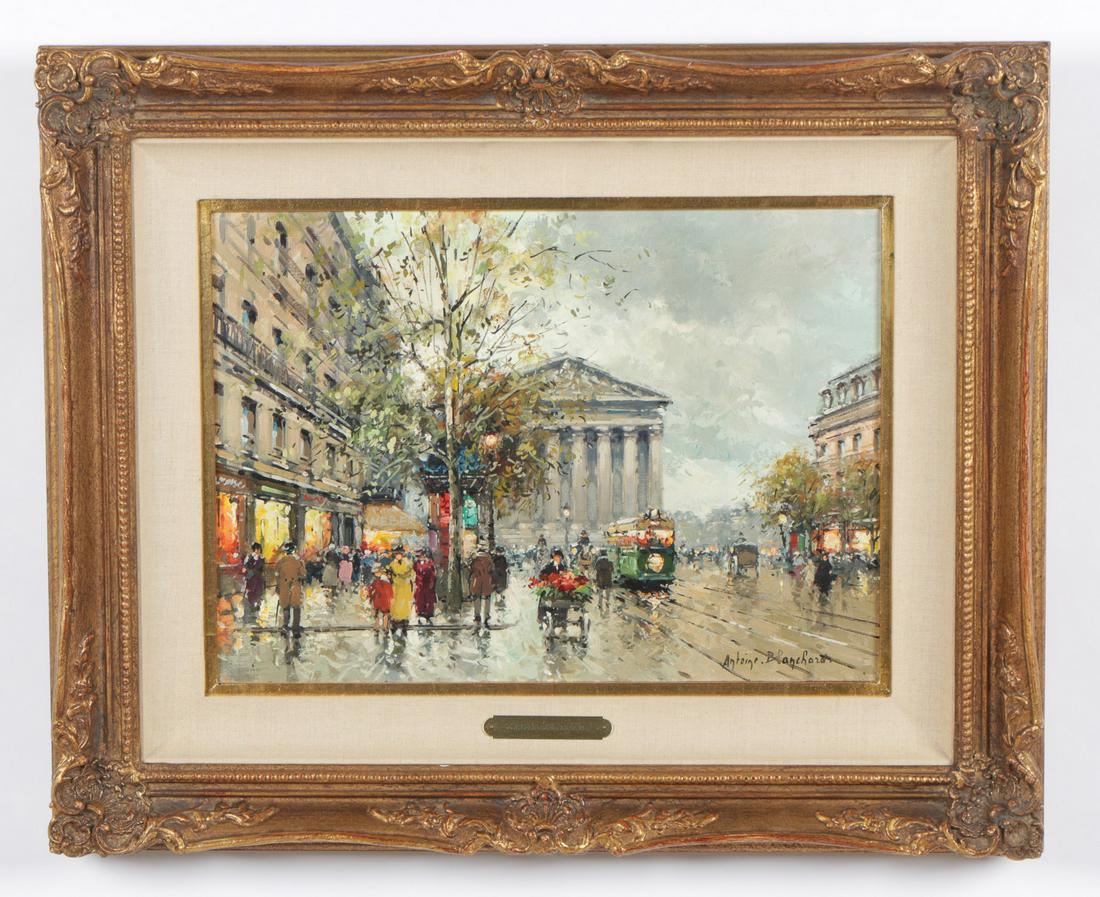 Antoine Blanchard (French, c.1910-1988): Antoine Blanchard (French, c.1910-1988) "La Madeleine from Rue Tronchet" oil on canvas, signed. Framed. Provenance: Newman Galleries, Philadelphia, PA. Size: 13'' x 18'', 33 x 46 cm (stretcher); 21.5'