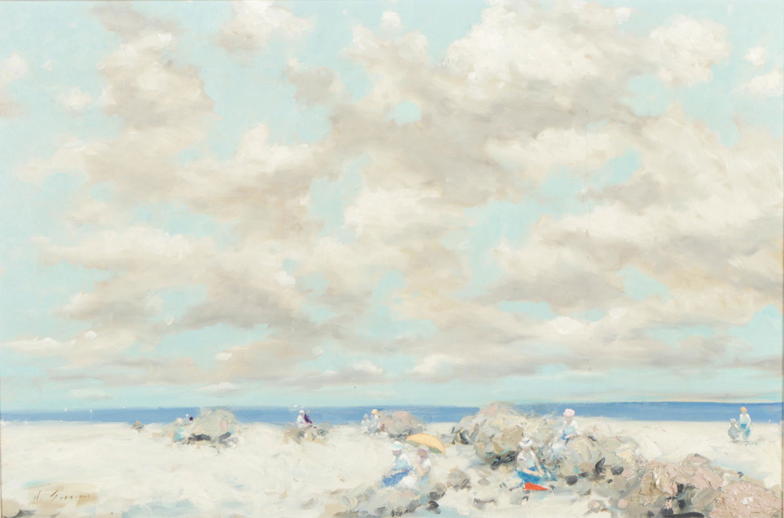 Andre Gisson (American, 1921-2003): Andre Gisson (American, 1921-2003) "Rocky Beach," oil on canvas, signed. Framed. Size: 24'' x 36'', 61 x 91 cm (sheet); 31'' x 43'', 79 x 109 cm (frame).