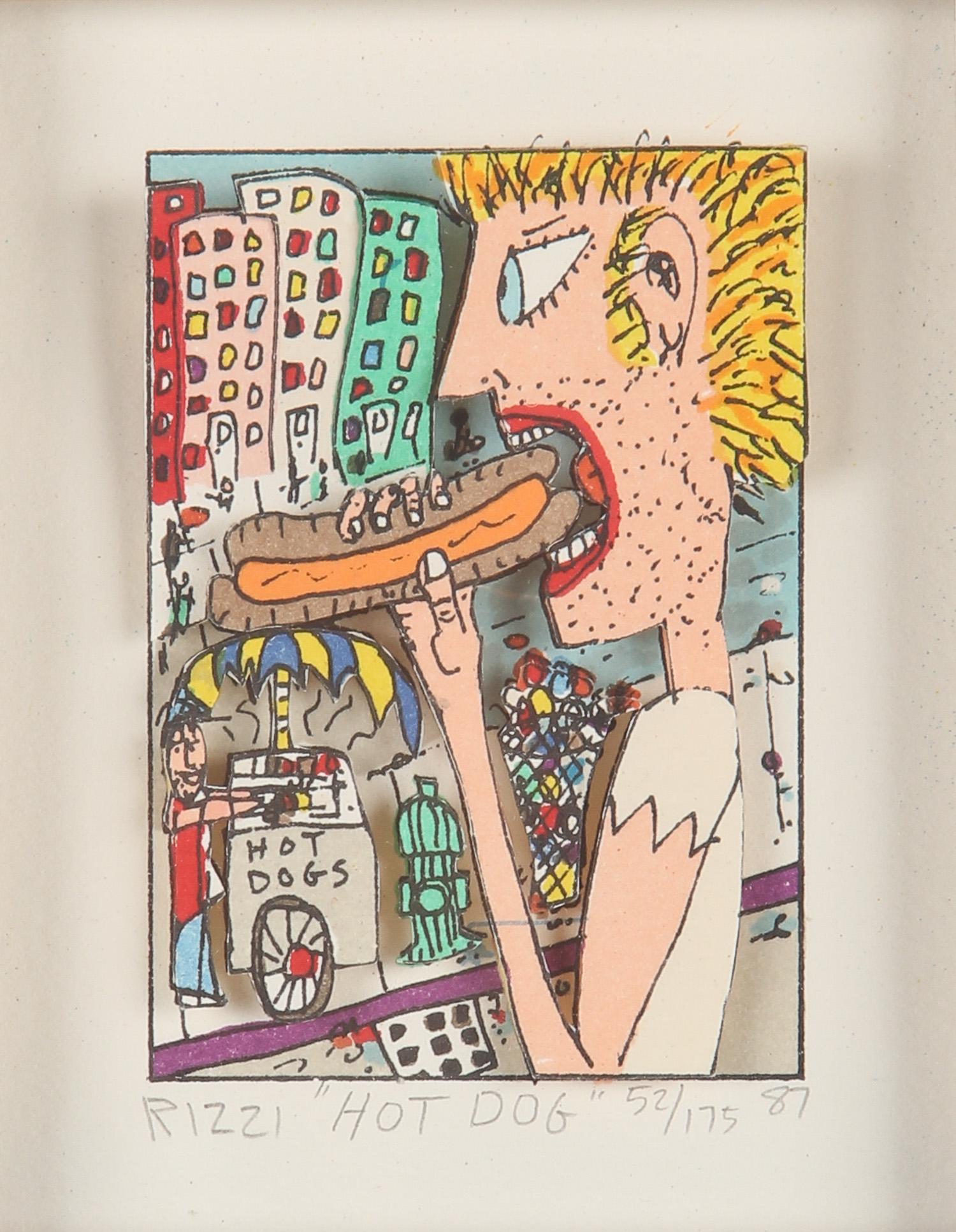 James Rizzi (1950-2011) "Hot Dog", 1987: James Rizzi (American, 1950-2011) "Hot Dog", 1987, 3D silkscreen, signed, titled, numbered and dated, from an edition of 175. Framed. Size: 3.5'' x 2.5'', 9 x 6 cm (sight); 10'' x 8.5'', 25 x 22 cm (f