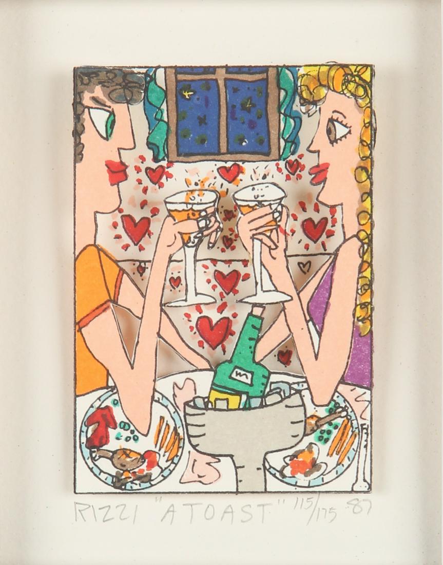 James Rizzi (1950-2011) "A Toast", 1987: James Rizzi (American, 1950-2011) "A Toast", 1987, 3D silkscreen, signed, titled, numbered and dated, from an edition of 175. Framed. Size: 3.5'' x 2.5'', 9 x 6 cm (sight); 10'' x 8.5'', 25 x 22 cm (f