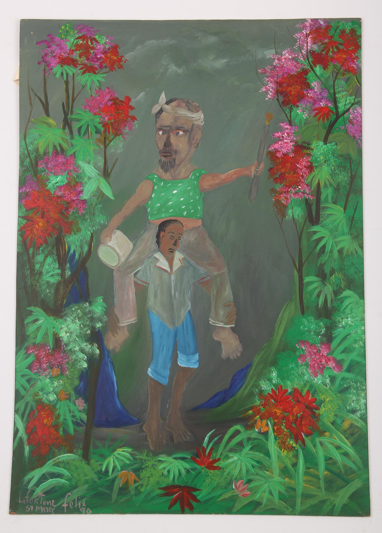 LaFortune Felix (Haitian, 1933-2016) "Ceremonie", 1990: LaFortune Felix (Haitian, 1933-2016) "Ceremonie", 1990, painting on masonite, signed and dated. Unframed. Size: 32'' x 22.5'', 81 x 57 cm (board).