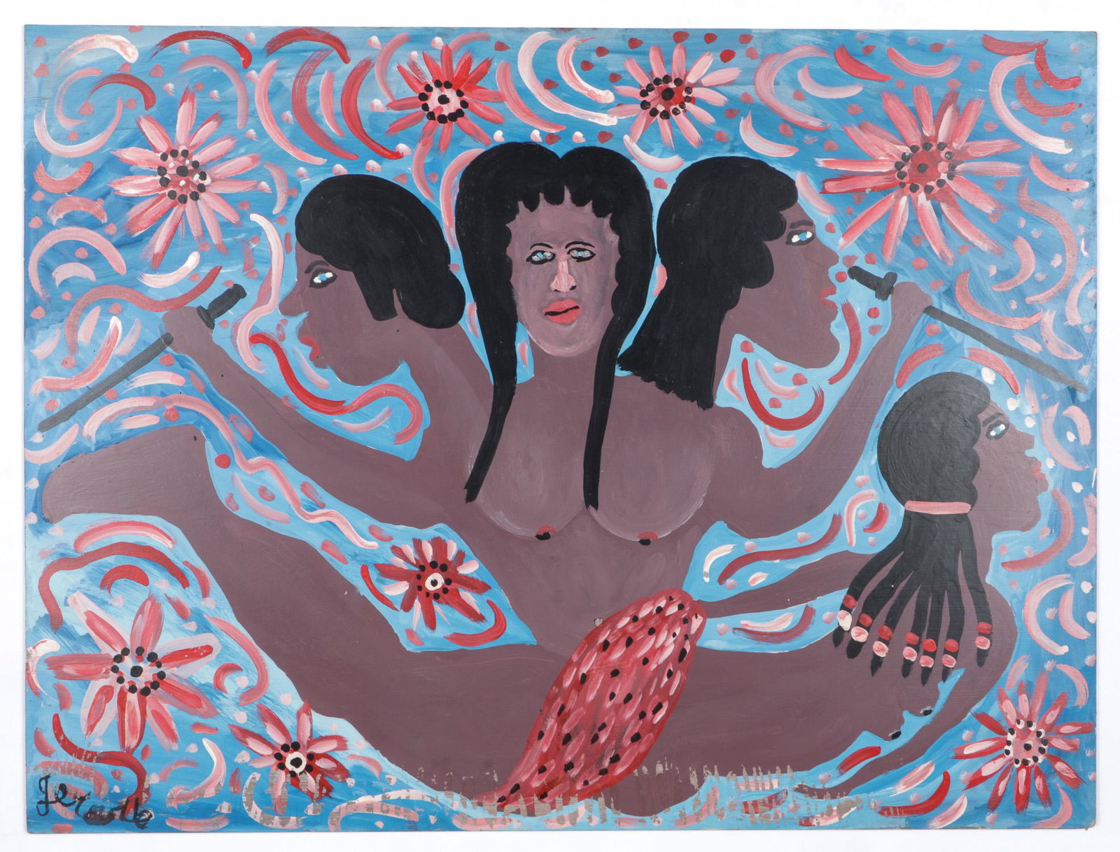 Gerard Fortune (Haitian, b. 1933) Painting: Gerard Fortune (Haitian/Petionville, b. 1933) "Cinq femmes," 1986, oil painting on board, signed. Unframed. Size: 24'' x 32'', 61 x 81 cm (board).