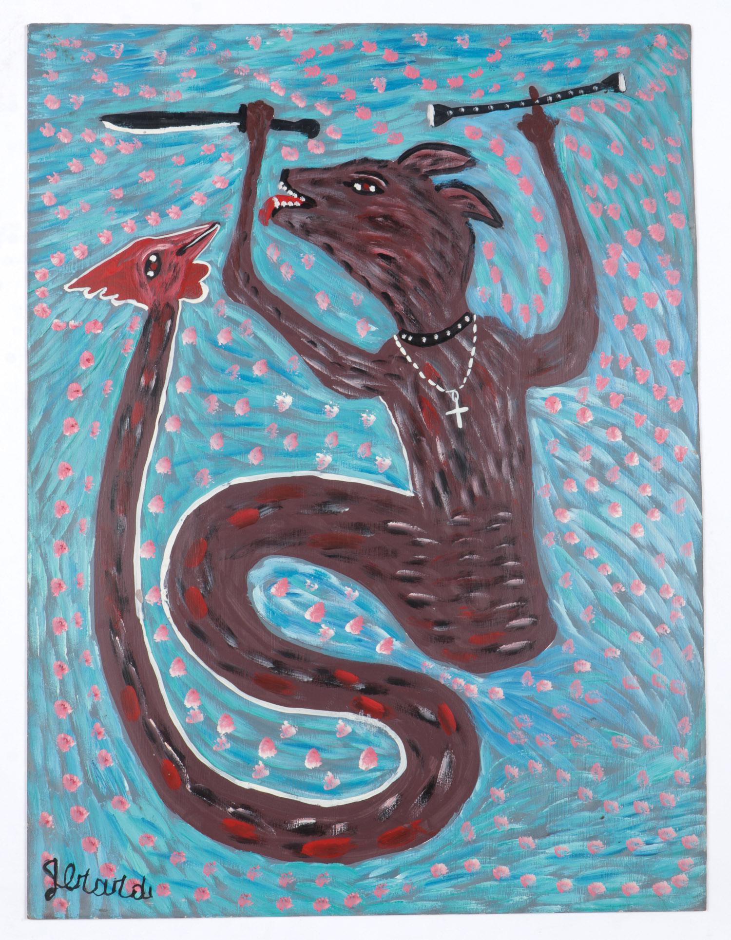 Gerard Fortune (Haitian, b. 1933) Painting: Gerard Fortune (Haitian/Petionville, b. 1933) "Chien Dambalah," 1984, oil painting on board, signed. Unframed. Size: 24'' x 32'', 61 x 81 cm (board).