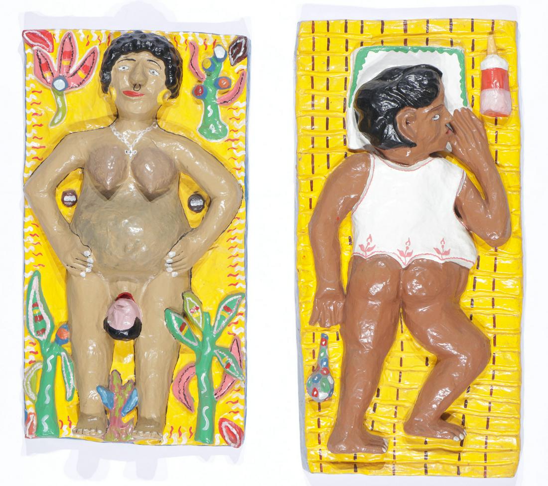 Michel Specialiste (Haitian, 20th century) Two Haitian: Michel Specialiste (Haitian, 20th Century) Two Haitian Papier Mache Sculptures, "Giving Birth," and "Baby in a Crib," signed. Sizes: 1) 36'' x 20'' x 6'' (91 x 51 x 15 cm); 2) 40'' x 19'' x 6'' (102 x