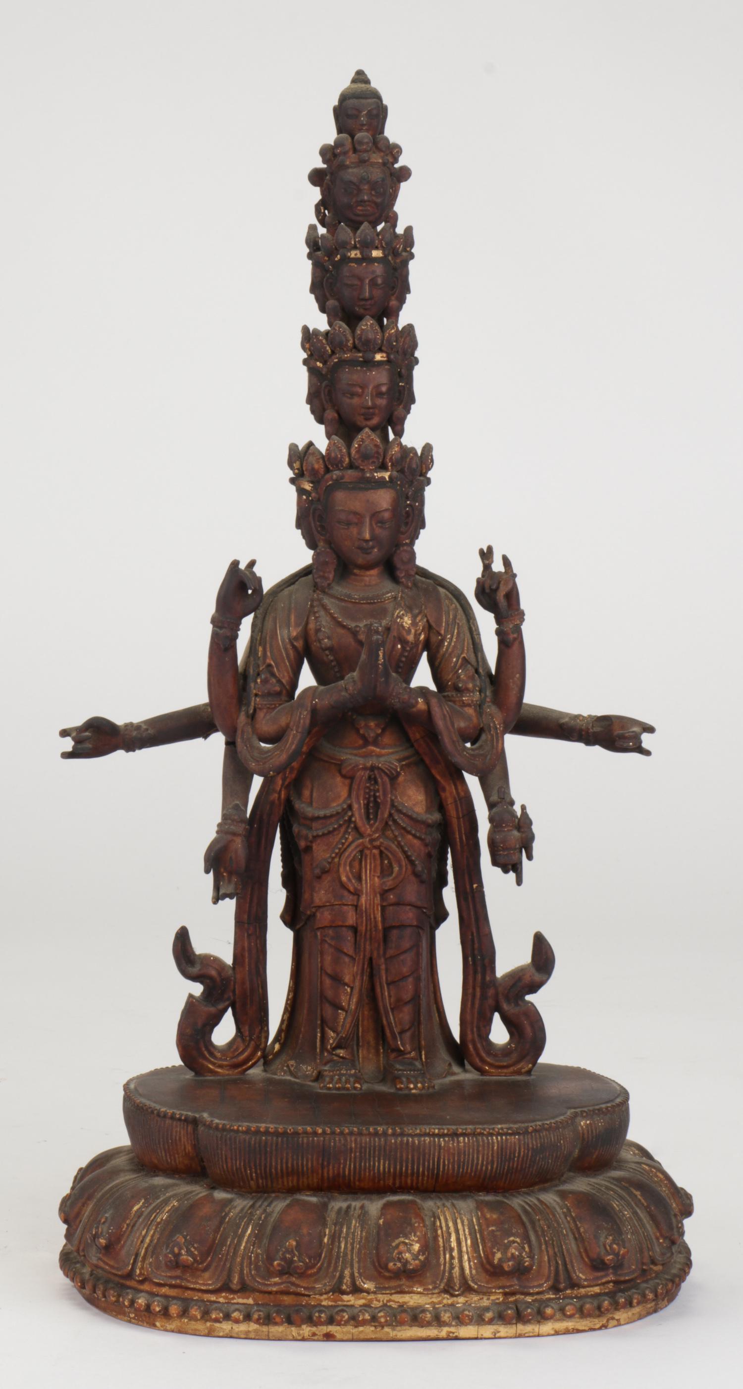 Antique Chinese Figure of Bodhisattva Avalokiteshvara: Chinese Figure of Bodhisattva Avalokiteshvara with Eleven Faces and Six Arms. Carved and lacquered wood. Ex Collection/Estate of John Frederick Harbeson and Georgiana Brown Harbeson, Philadelphia. Siz