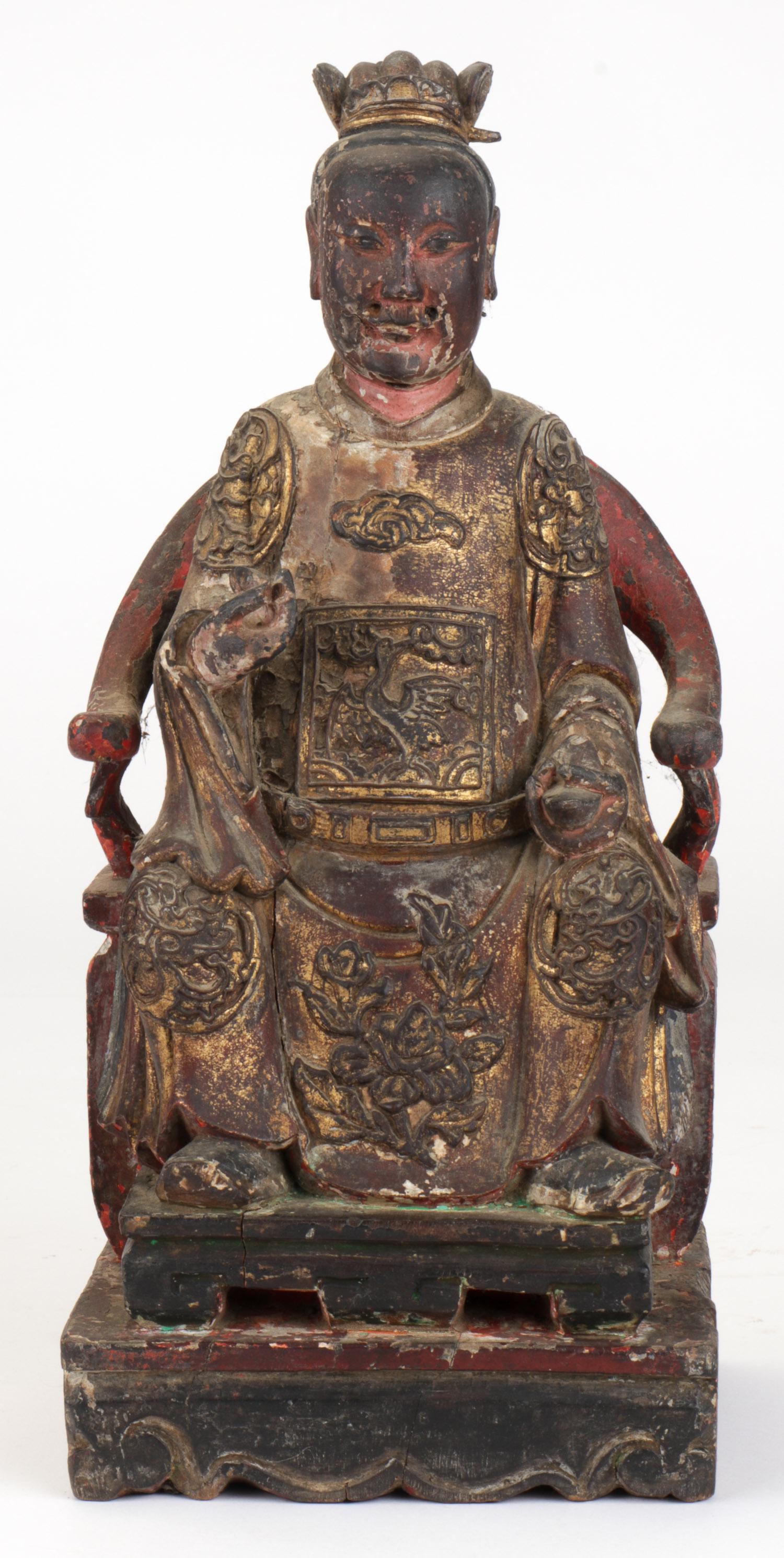 Antique Chinese Figure of a Seated Nobleman: Antique Chinese Figure of a Nobleman. Carved, gilt, lacquer and paint decorated wood. Size: 14.75" x 6.5" x 6" (37 x 17 x 15 cm.). Ex Collection/Estate of John Frederick Harbeson and Georgiana Brown H
