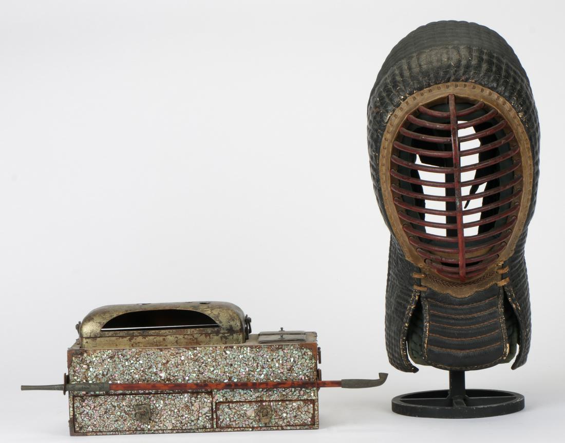 Antique Japanese Kendo Mask and Tobacco Bon: Antique Japanese Kendo Mask and Mother-of-Pearl Decorated Tobacco Bon, Meiji period. Provenance: Collection of Allan Stone, New York. Sizes: mask 16'' x 7'' x 10'' (41 x 18 x 25 cm); tobacco bon 6'' x