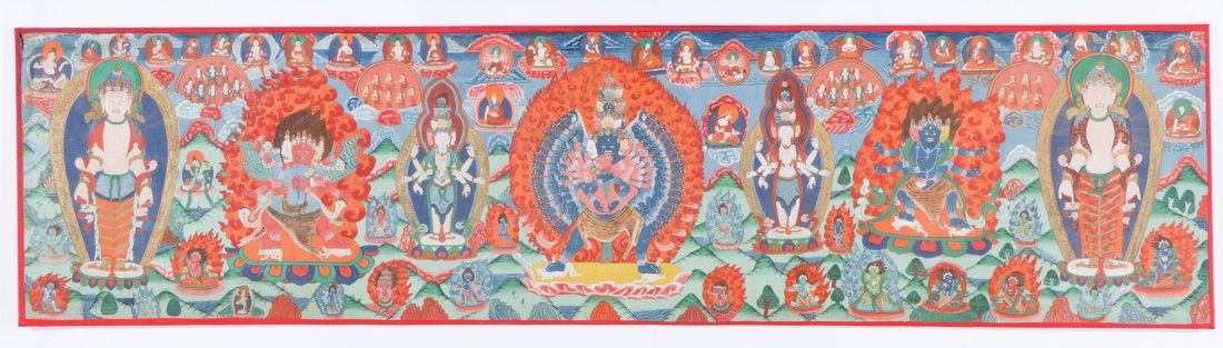 Large Vintage Tibetan Buddhist Thangka: Large Vintage Tibetan Buddhist Thangka, 20th c. Paint on cloth. Philadelphia Main Line estate. Size: 29.25'' x 115.5'' (74 x 293 cm).