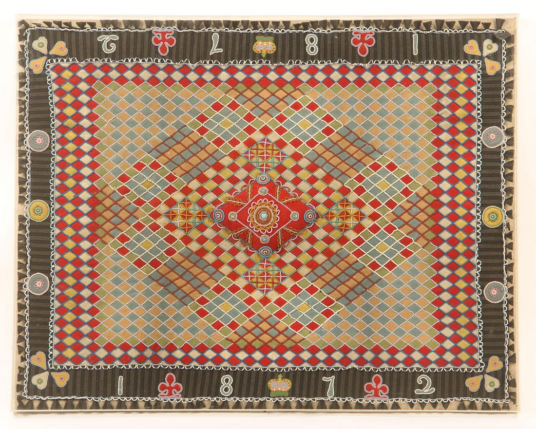 Eastern Canadian Indian Textile Panel, dated 1872: Eastern Canadian Indian Textile Panel, dated 1872. Wool with beads. Provenance: Collection of Allan Stone, New York. Size: 40" x 32" (102 x 81 cm.)
