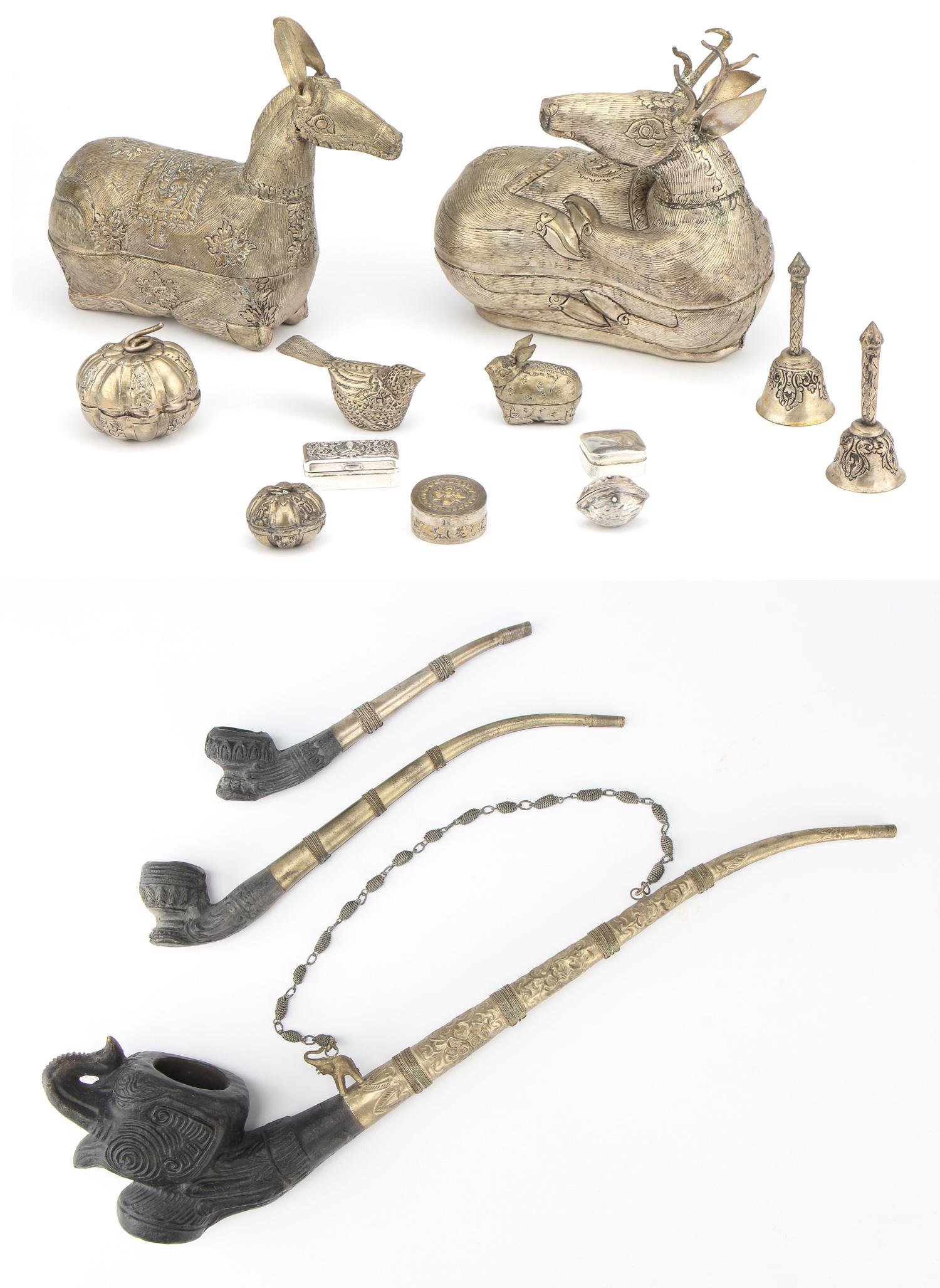 15 pc Collection of Ethnographic Artifacts: 15 pc Collection of Ethnographic Artifacts: 12 pc Collection of Ethnographic Silver. Including Thai/Cambodian Bettlenut Boxes and Mexican Silver. Ranging in size from: .75'' x 1.25'' x 1.25'' (2 x 3 x