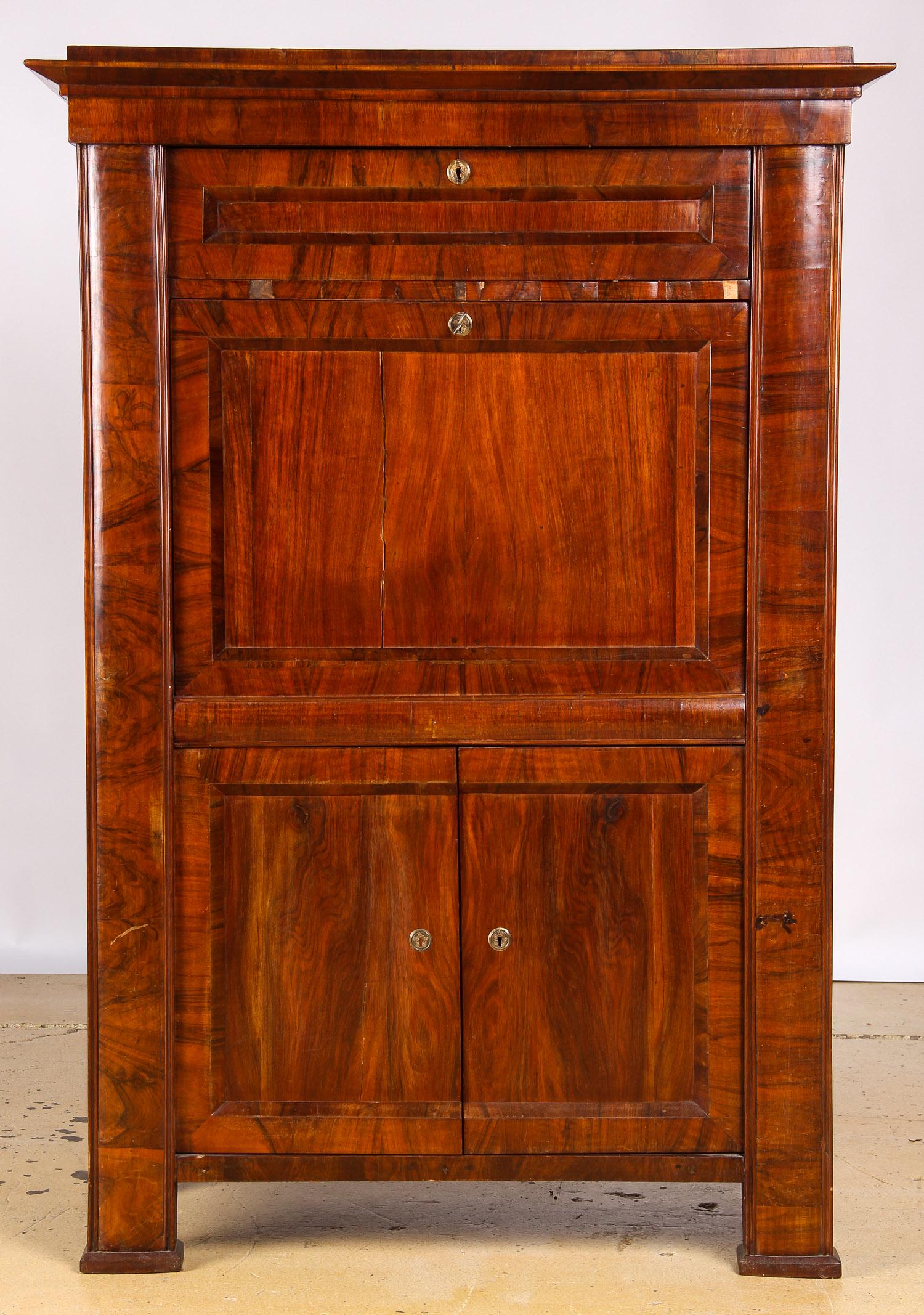 Biedermeier Walnut Veneered Secretaire Abbatant, Mid: Biedermeier Walnut Veneered Secretaire Abbatant, Mid 19th Century. Size: 65'' x 44'' x 22'' (165 x 112 x 56 cm).