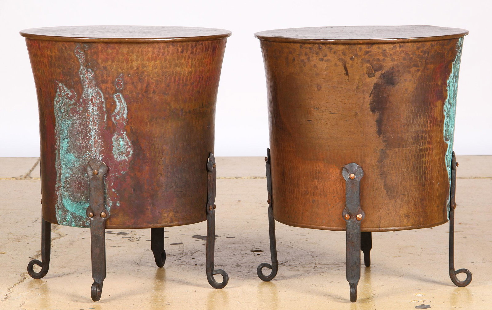 Pair of Turkish Forged and Hammered Copper End Tables: Pair of Turkish Forged and Hammered Copper End Tables. Size: 22.5'' x 18.5'' x 18.5'' (57 x 47 x 47 cm).