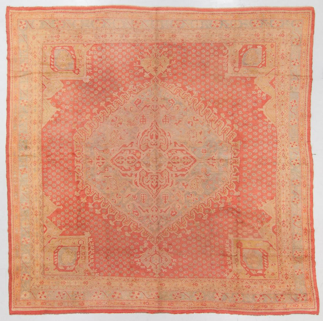 Antique Palace Size Oushak Rug, Turkey: 13'6'' x 13'6'': Antique Oushak Rug, Turkey: 13'6'' x 13'6'' (411 x 411 cm). 92 lbs. Note on terms for estimating the age of an item: Antique (100+ years). Semi-Antique (50-100 years). Vintage (20-50 years). Modern (u