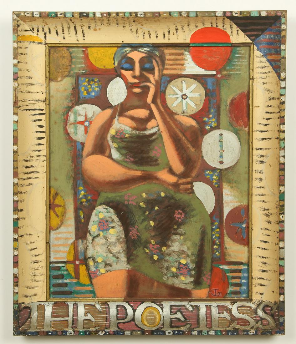 Jack Gerber (American, b. 1927) Oil Painting: Jack Gerber (American, b. 1927) "The Poetess," oil painting on board, signed. Framed. Size: 19.5'' x 15.5'', 50 x 39 cm (sight); 24.5'' x 20.5'', 62 x 52 cm (frame).