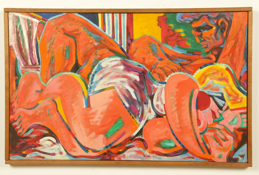 Jack Gerber (American, b. 1927) Oil Painting: Jack Gerber (American, b. 1927) Couple, oil painting on canvas, signed. Framed. Size: 30'' x 48'', 76 x 122 cm (stretcher); 32'' x 50'', 81 x 127 cm (frame).