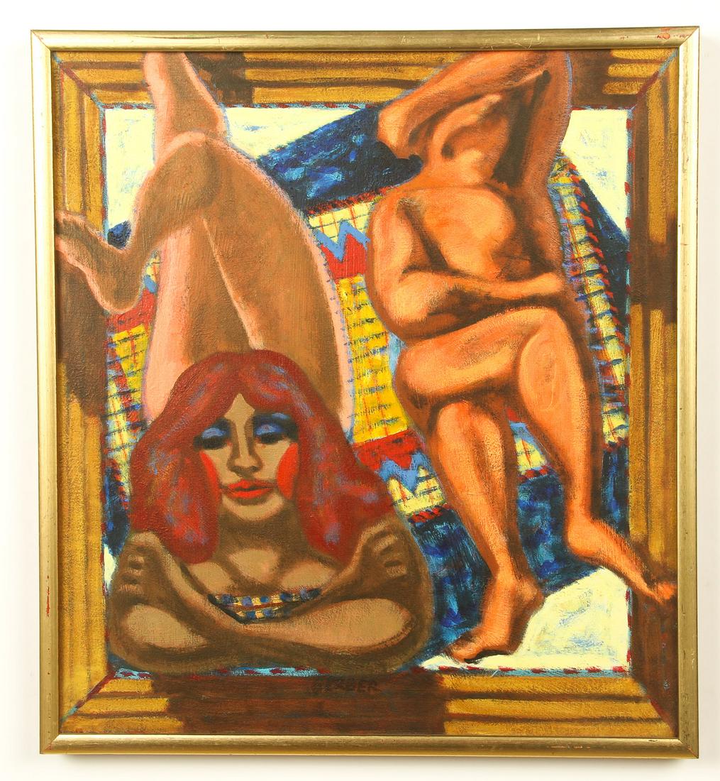 Jack Gerber (American, b. 1927) "Sunning": Jack Gerber (American, b. 1927) "Sunning" Acrylic painting on canvas, signed. Framed. Size: 24" x 22", 61 x 56 cm. (stretcher); 25" x 23", 64 x 58 cm. (frame).