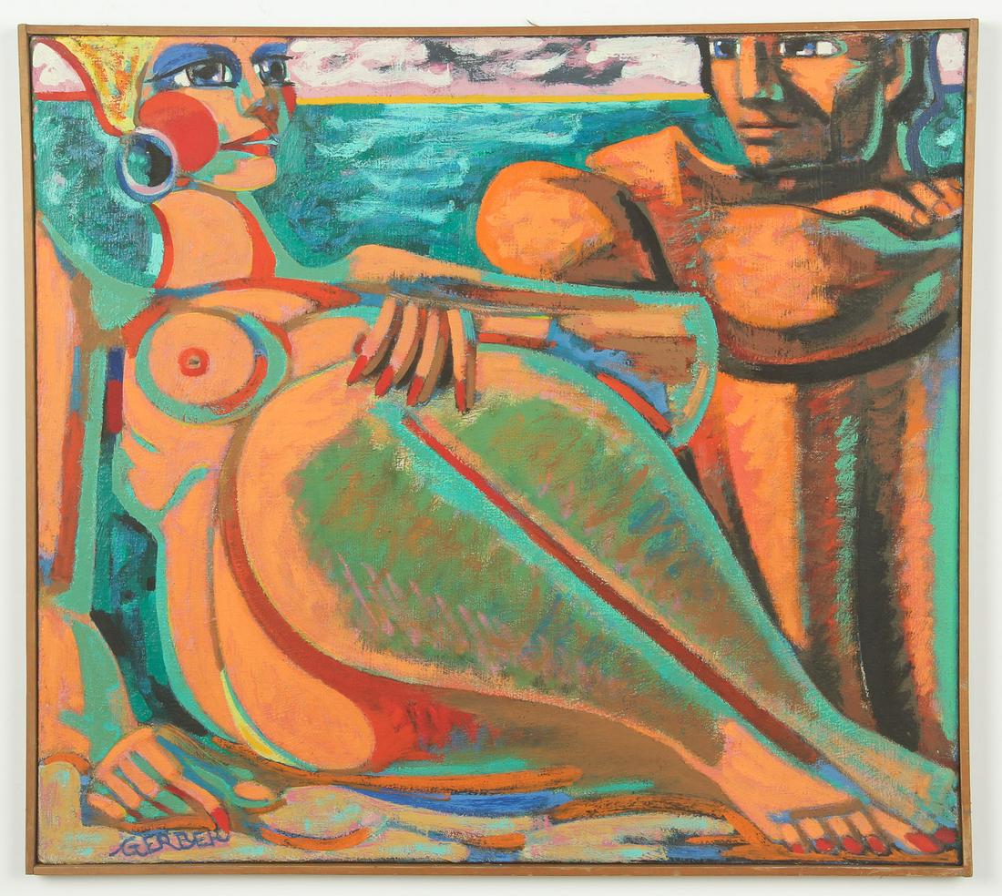 Jack Gerber (American, b. 1927) Oil Painting: Jack Gerber (American, b. 1927) "Sunbathers", oil painting on canvas, signed. Framed. Size: 25" x 28", 64 x 71 cm. (stretcher); 26" x 29", 66 x 74 cm. (frame).