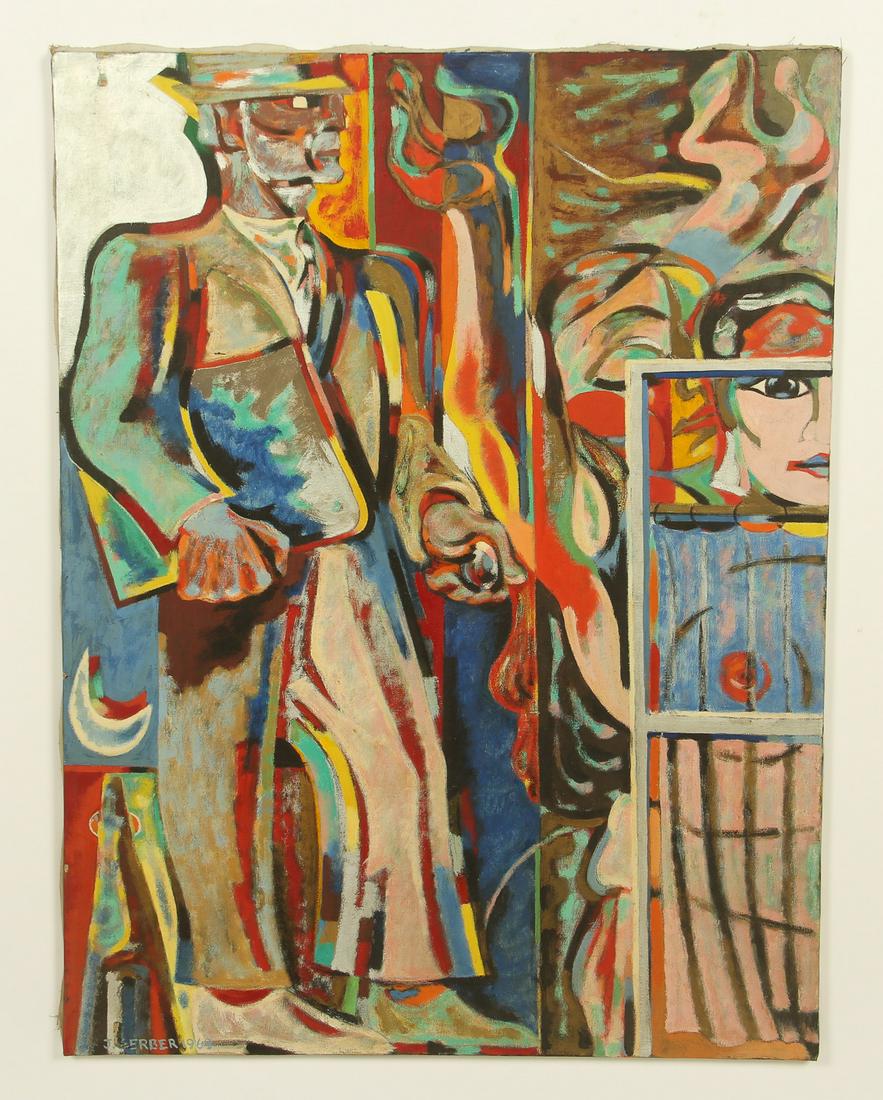 Jack Gerber (American, b. 1927) Oil Painting: Jack Gerber (American, b. 1927) "The Visit", 1969, oil painting on canvas, signed and dated. Unframed. Size: 50'' x 38'', 127 x 97 cm (stretcher).
