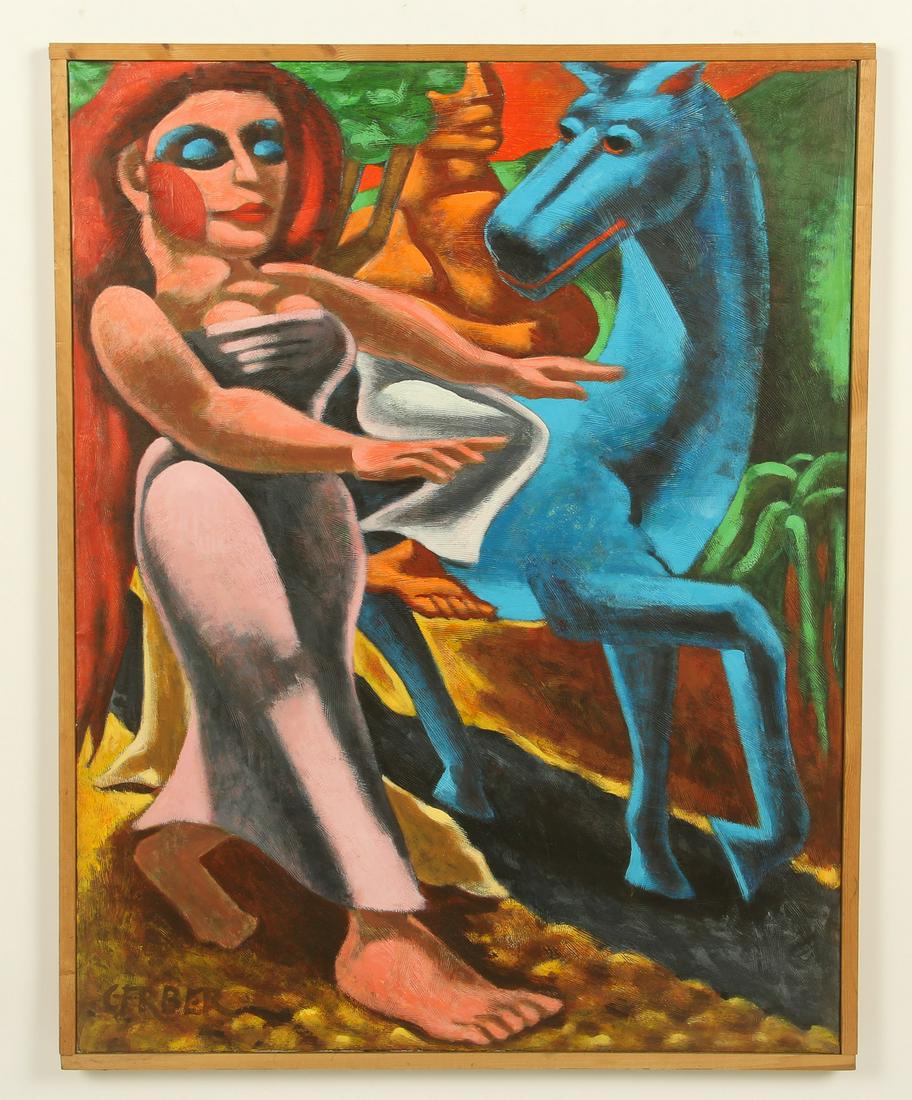 Jack Gerber (American, b. 1927) Painting: Jack Gerber (American, b. 1927) "The Somnambulist", acrylic painting on canvas, signed. Framed. Size: 46.5'' x 36'', 118 x 91 cm (stretcher); 48'' x 37.5'', 122 x 95 cm (frame).