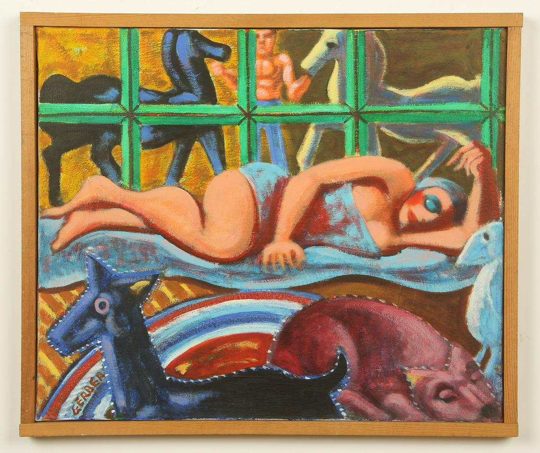 Jack Gerber (American, b. 1927) Oil Painting: Jack Gerber (American, b. 1927) "Sleeping Lady," oil painting on canvas, signed. Framed. 20" x 24" 51 x 61 cm. (sight); 21.5" x 25.5", 55 x 65 cm. (frame).