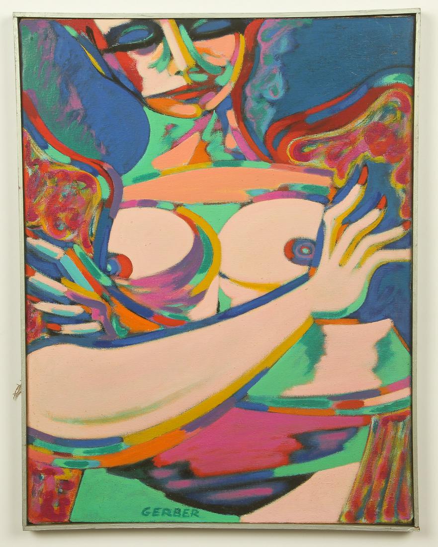 Jack Gerber (American, b. 1927) Oil Painting: Jack Gerber (American, b. 1927) "Female Figure," oil painting on canvas, signed. Framed. 26" x 20", 66 x 51 cm. (stretcher); 26.5" x 20.5", 67 x 52 cm (frame).