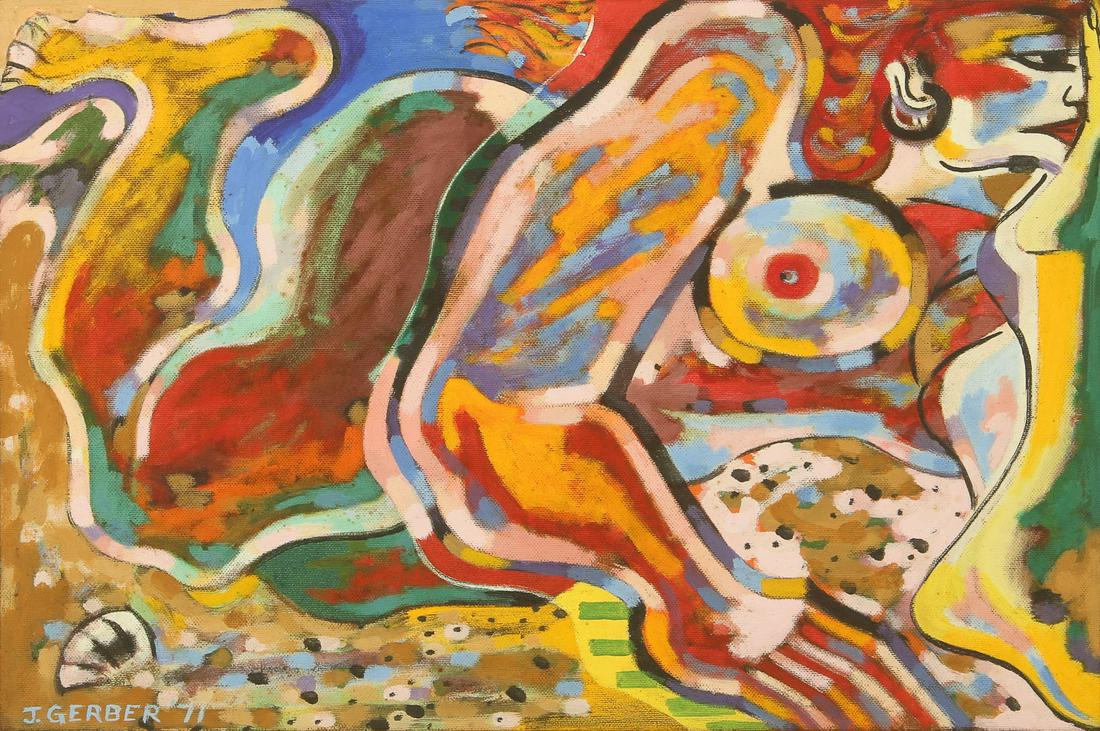 Jack Gerber (American, b. 1927) Oil Painting: Jack Gerber (American, b. 1927) Abstract Nude, 1971, oil painting on panel, signed and dated. Framed. Size: 24'' x 36'', 61 x 91 cm (board); 32'' x 43.5'', 81 x 110 cm (frame).