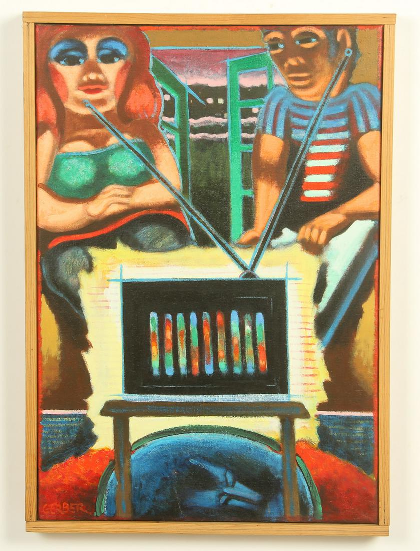 Jack Gerber (American, b. 1927) Painting: Jack Gerber (American, b. 1927) "The TV Watchers", acrylic painting on canvas, signed. Framed. Size: 35'' x 24'', 89 x 61 cm (stretcher); 37'' x 26'', 94 x 66 cm (frame).